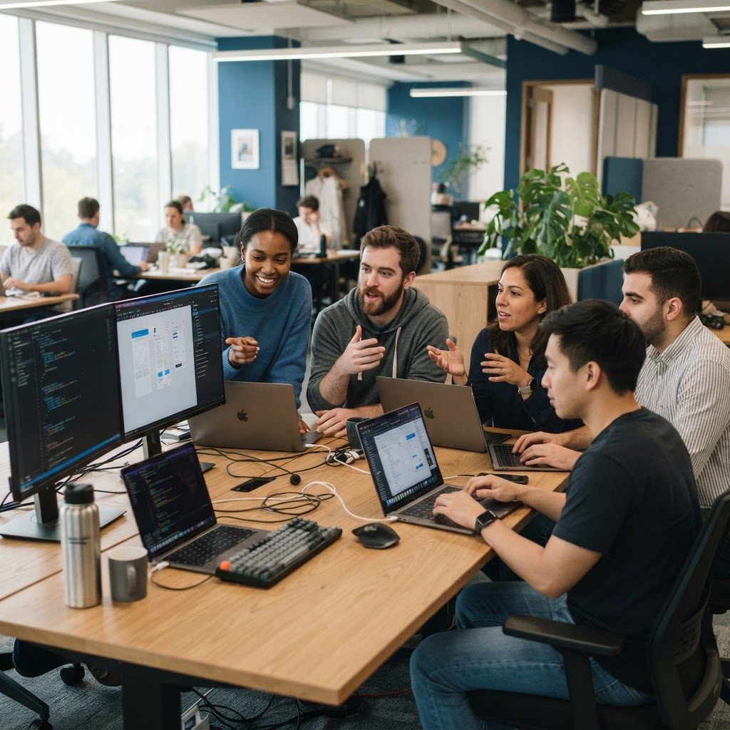 The Soft Tech Mantra team collaborating in the office